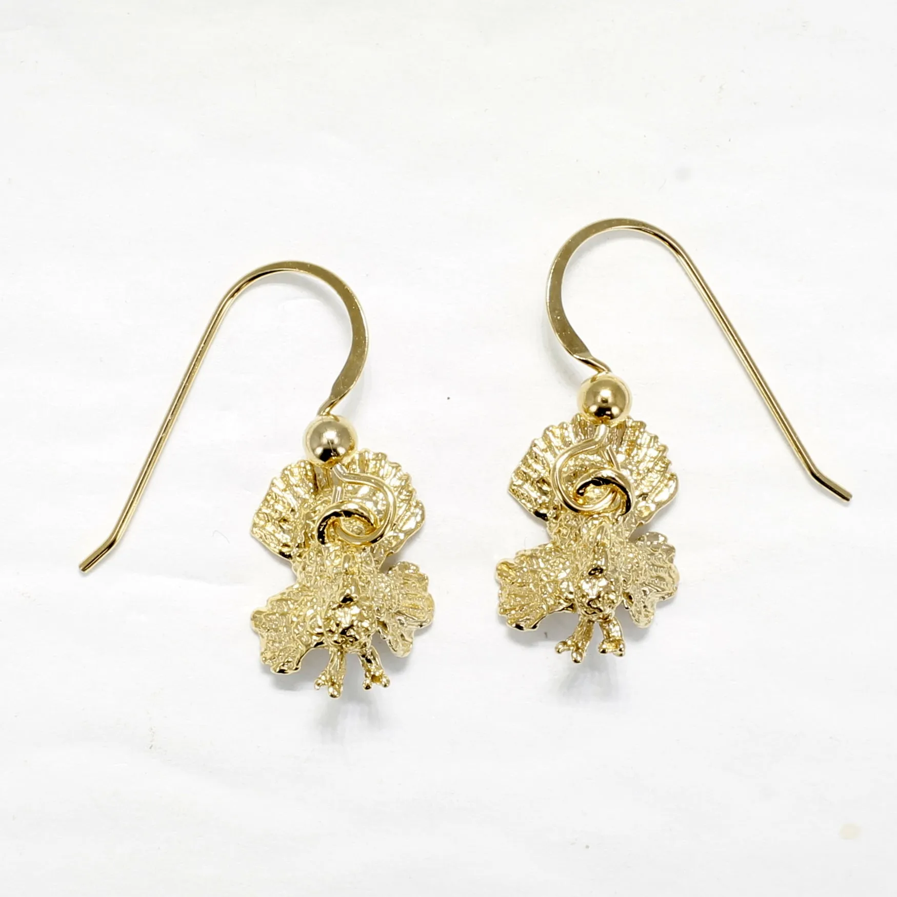 Gold Turkey Earrings with three dimensional 14kt gold vermeil Turkeys