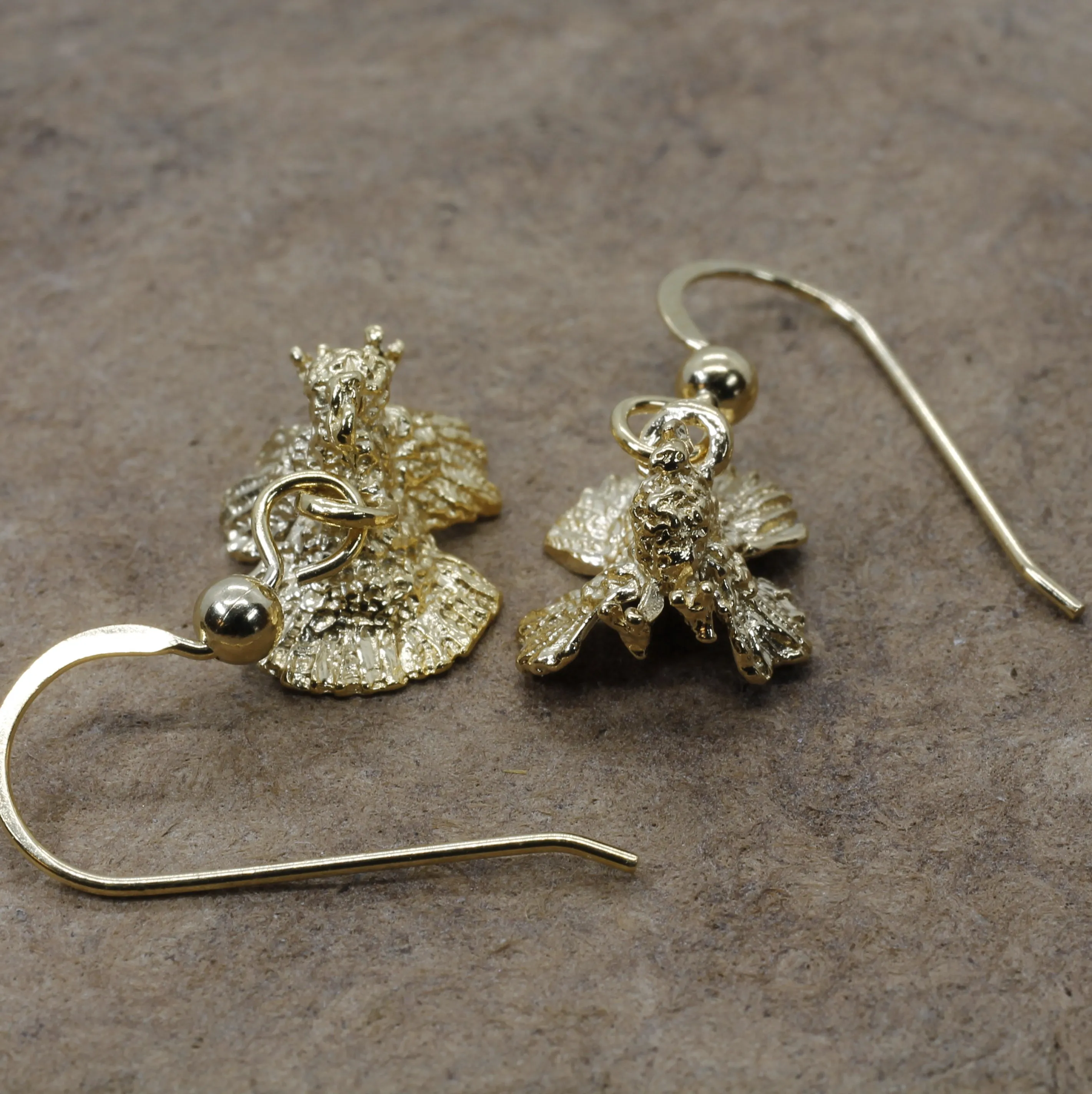 Gold Turkey Earrings with three dimensional 14kt gold vermeil Turkeys