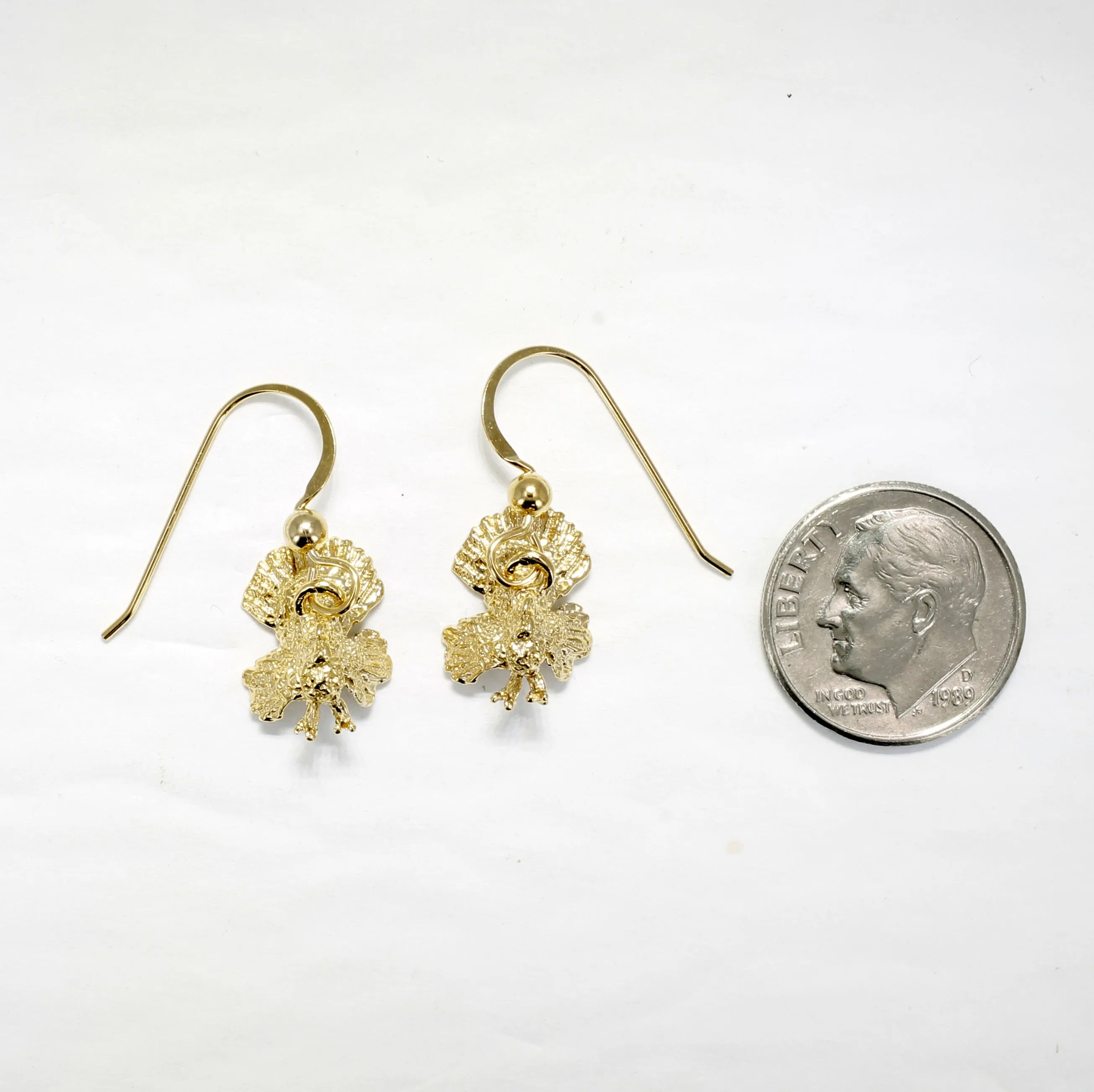 Gold Turkey Earrings with three dimensional 14kt gold vermeil Turkeys