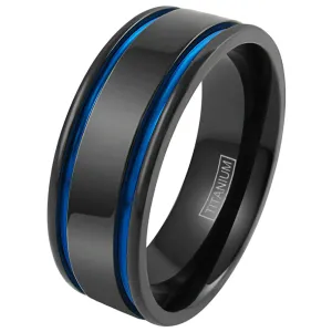 Gorgeous Gunmetal Black Titanium Ring with Two Cool Cobalt Blue Racing Stripes.