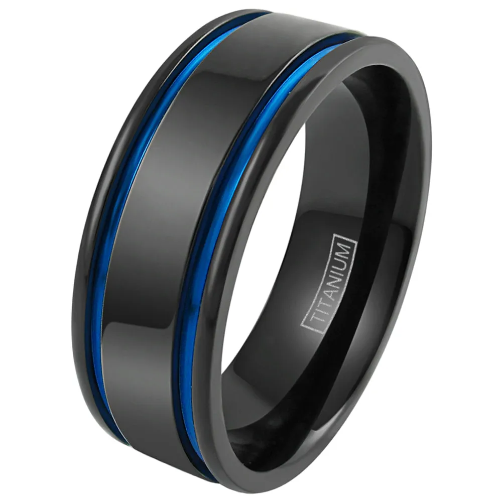 Gorgeous Gunmetal Black Titanium Ring with Two Cool Cobalt Blue Racing Stripes.