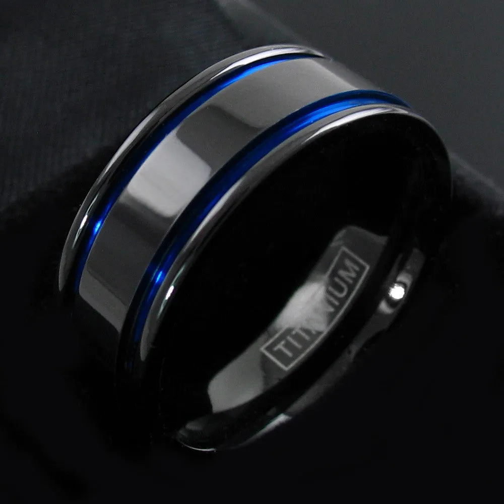 Gorgeous Gunmetal Black Titanium Ring with Two Cool Cobalt Blue Racing Stripes.