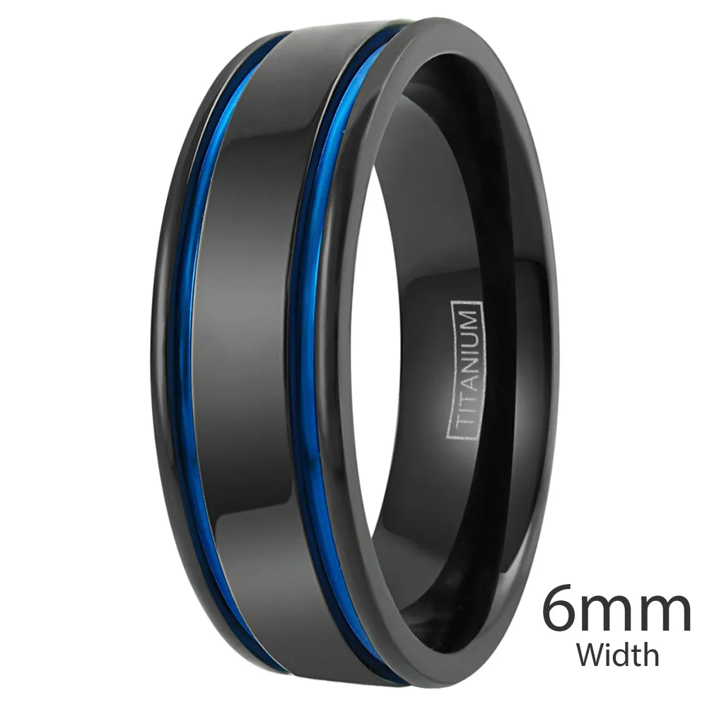 Gorgeous Gunmetal Black Titanium Ring with Two Cool Cobalt Blue Racing Stripes.