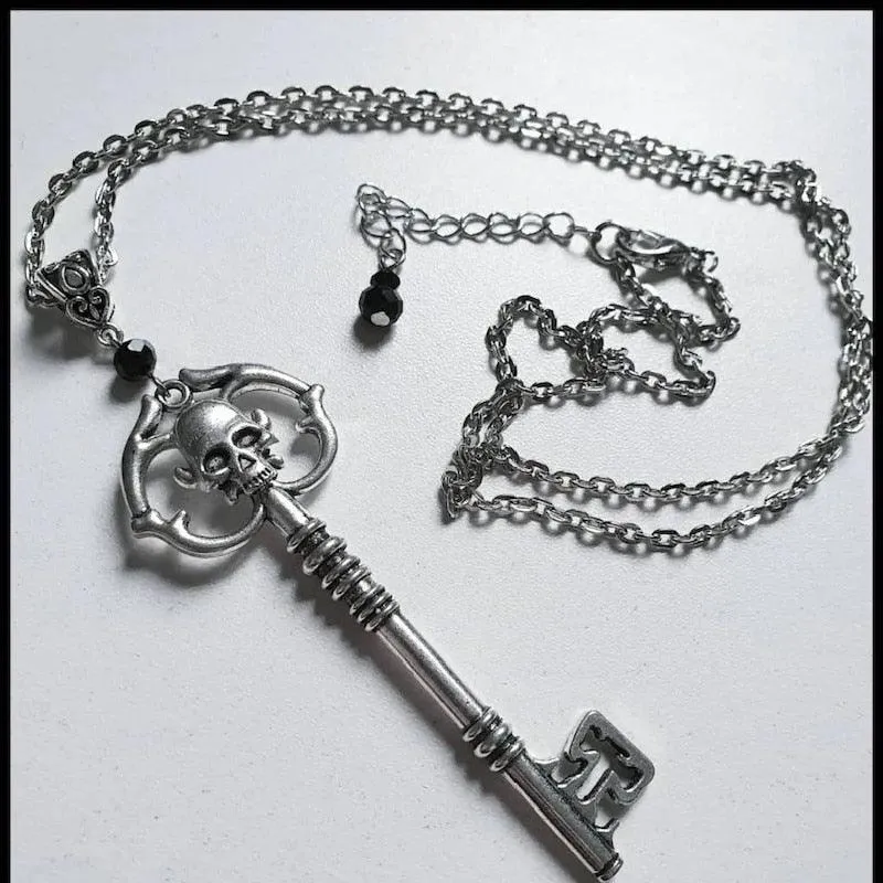 Goth Antique Silver Color Skeleton Key Necklace