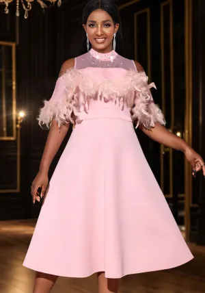 Graceful Feather-Trimmed Off-Shoulder Evening Dress with Sheer Detail