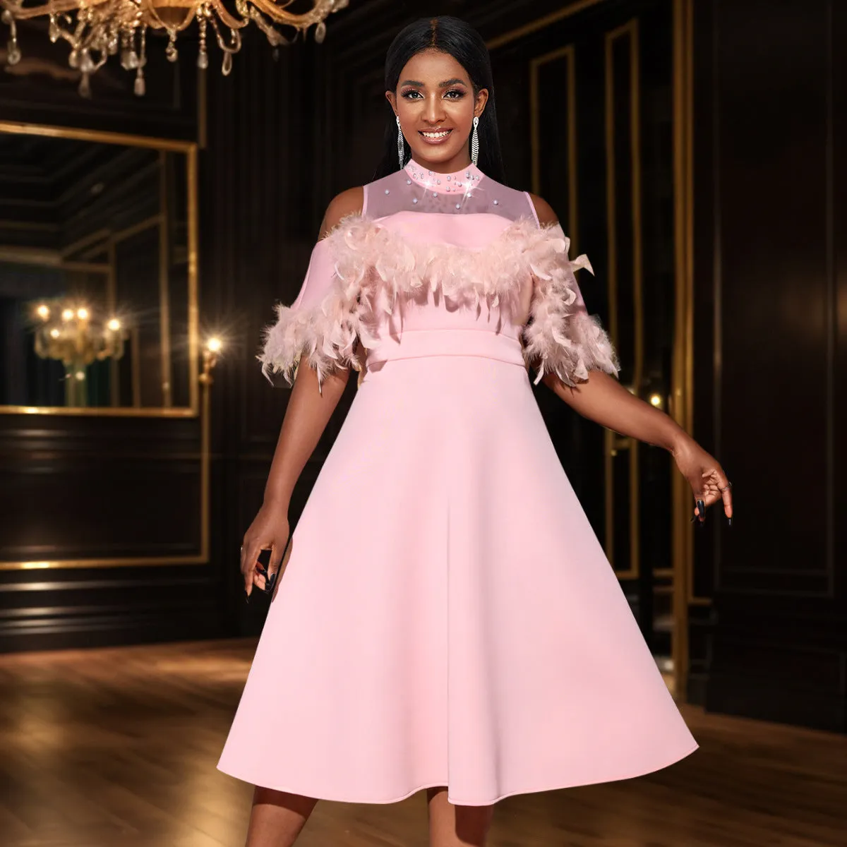 Graceful Feather-Trimmed Off-Shoulder Evening Dress with Sheer Detail