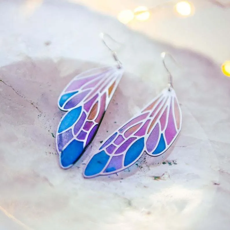 Gradient Colorful Feather Wings Butterfly Wing Earrings