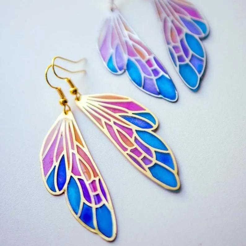 Gradient Colorful Feather Wings Butterfly Wing Earrings
