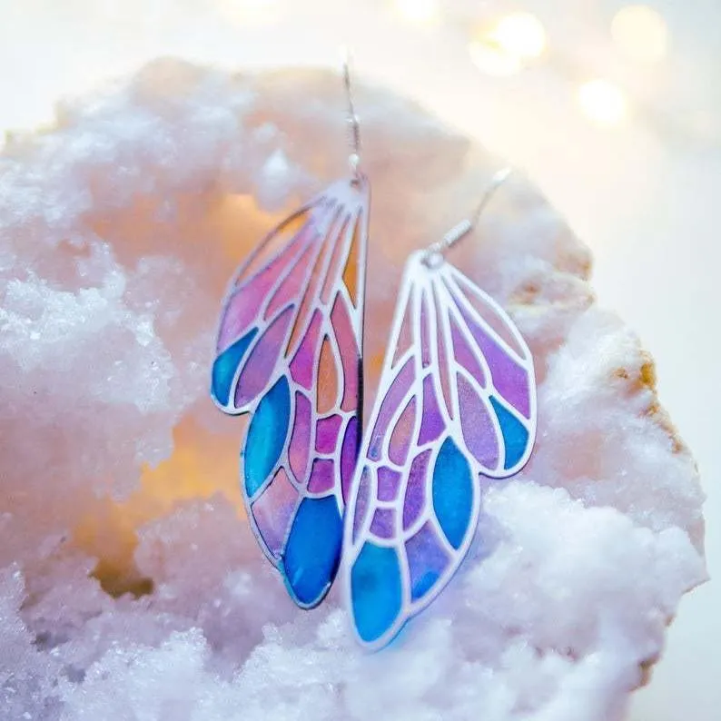 Gradient Colorful Feather Wings Butterfly Wing Earrings