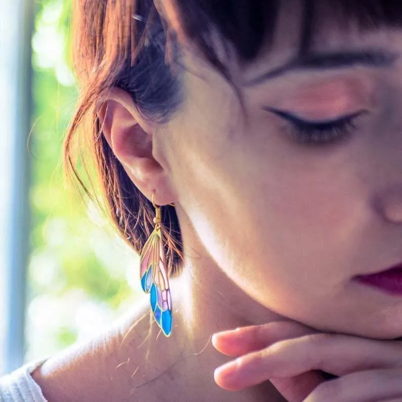 Gradient Colorful Feather Wings Butterfly Wing Earrings