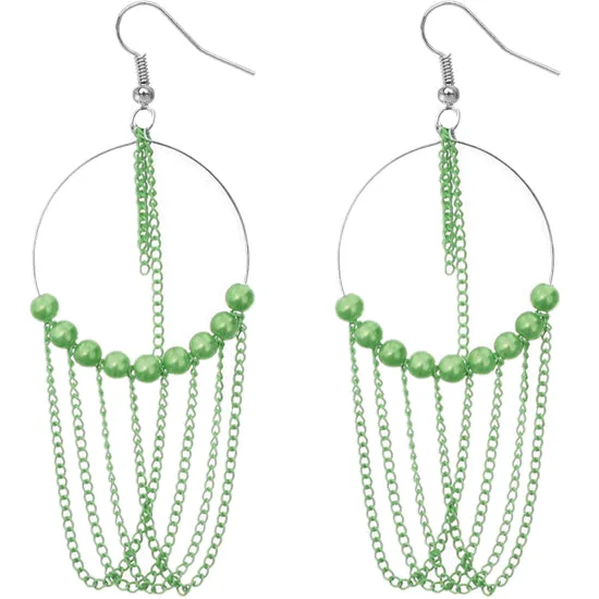 Green Beaded Chain Hoops Earrings