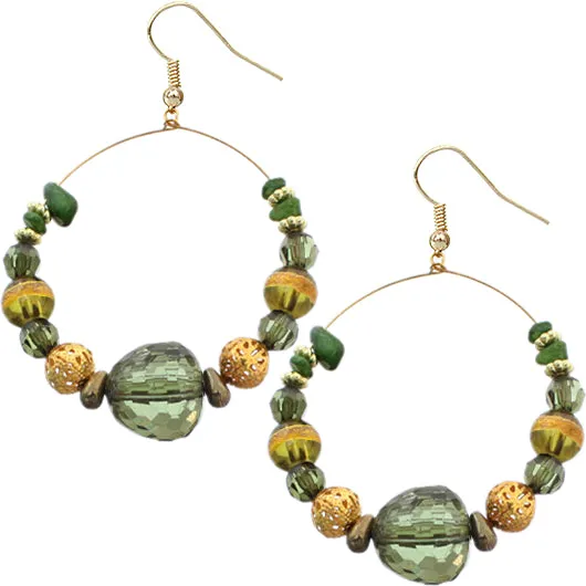 Green Beaded Coil Hoop Earrings