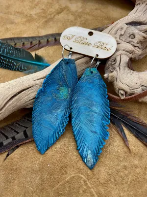 Hand-cut Turquoise Swirl Leather Feather Rare Bird Earrings