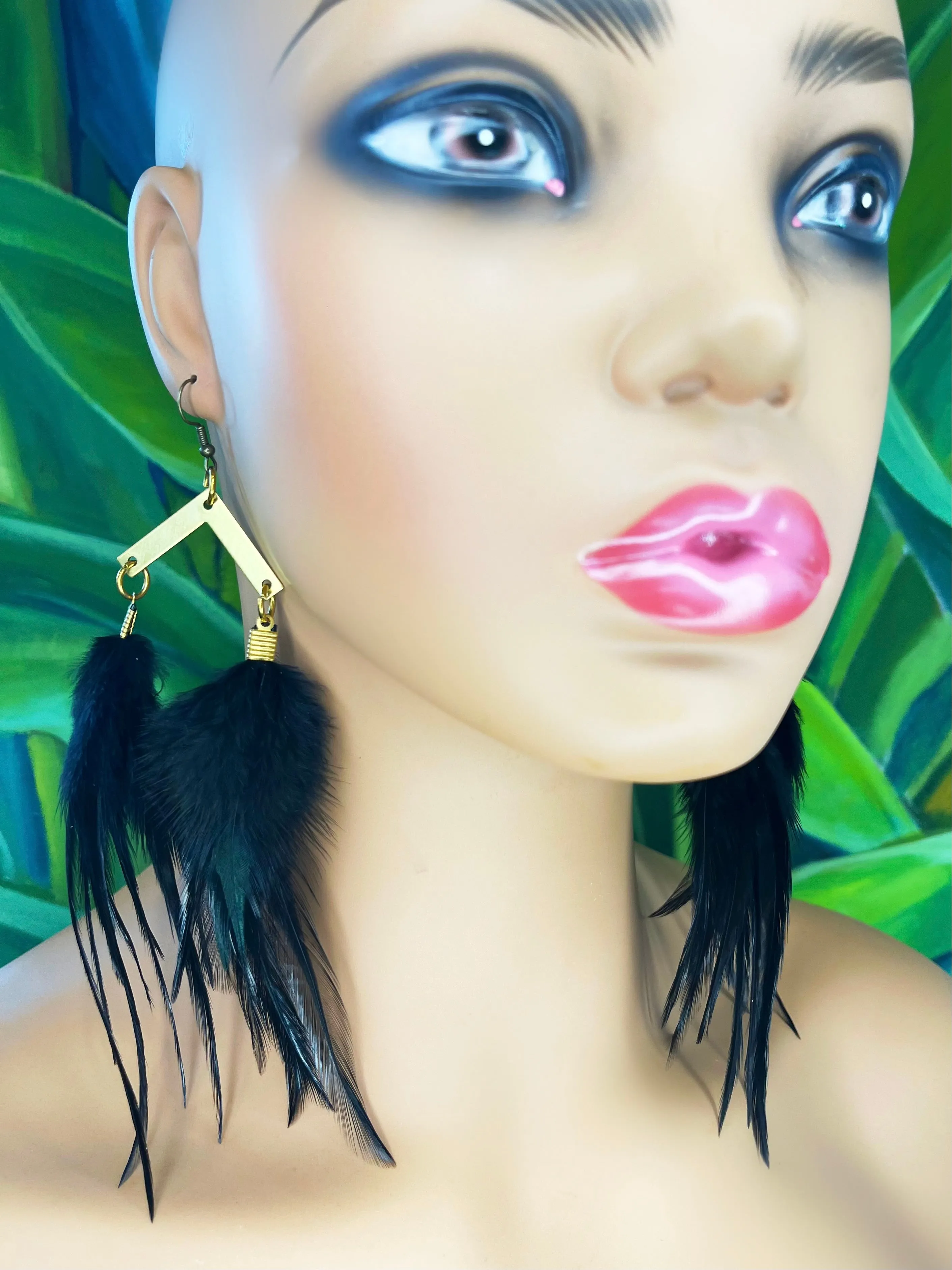 Handcrafted Medium Feather Earrings - Night Black
