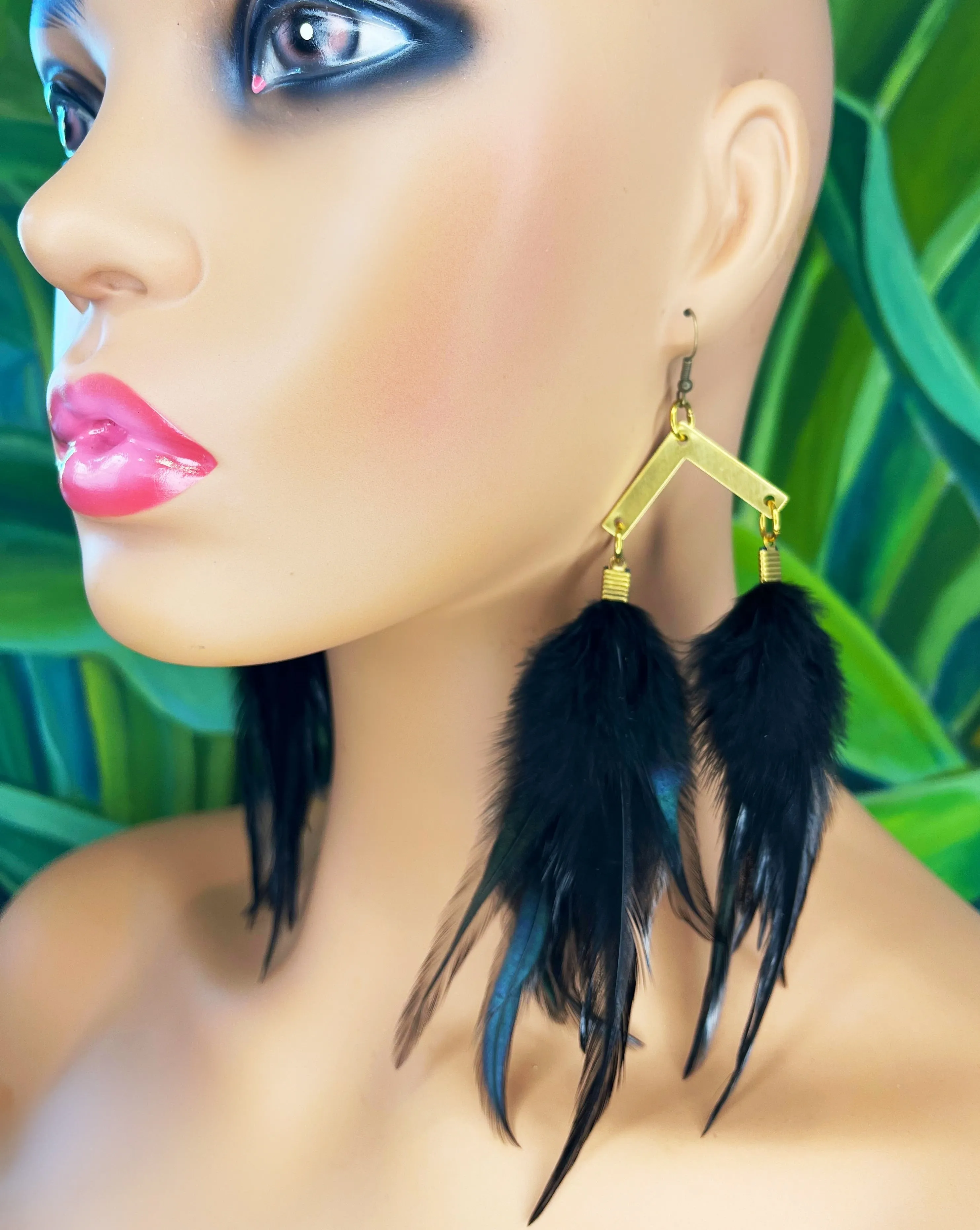 Handcrafted Medium Feather Earrings - Night Black