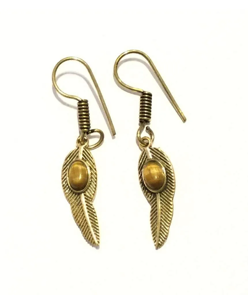 Handmade Feather Stone Leaf Dangling Earrings - Variety of Colors - Hypoallergenic & Adjustable