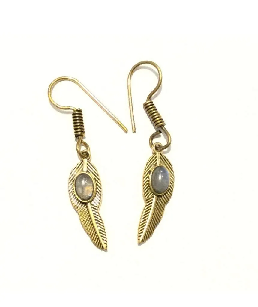 Handmade Feather Stone Leaf Dangling Earrings - Variety of Colors - Hypoallergenic & Adjustable