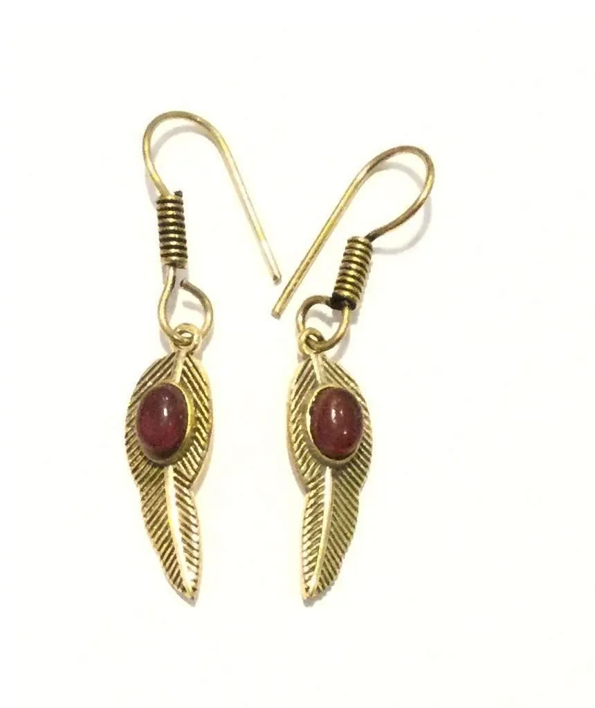 Handmade Feather Stone Leaf Dangling Earrings - Variety of Colors - Hypoallergenic & Adjustable