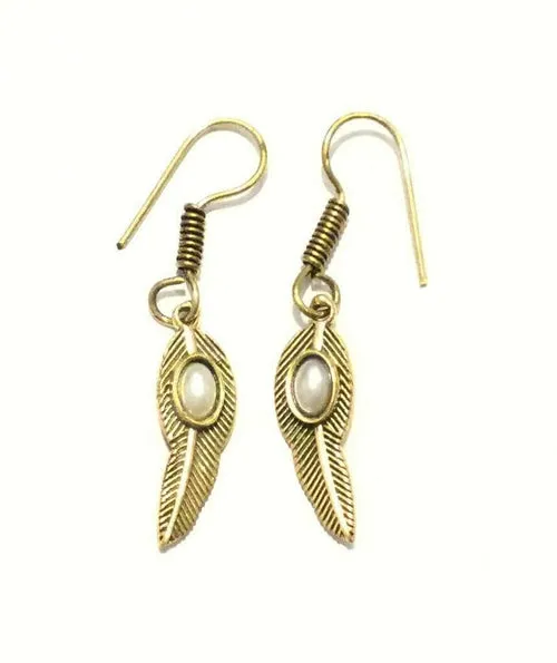 Handmade Feather Stone Leaf Dangling Earrings - Variety of Colors - Hypoallergenic & Adjustable