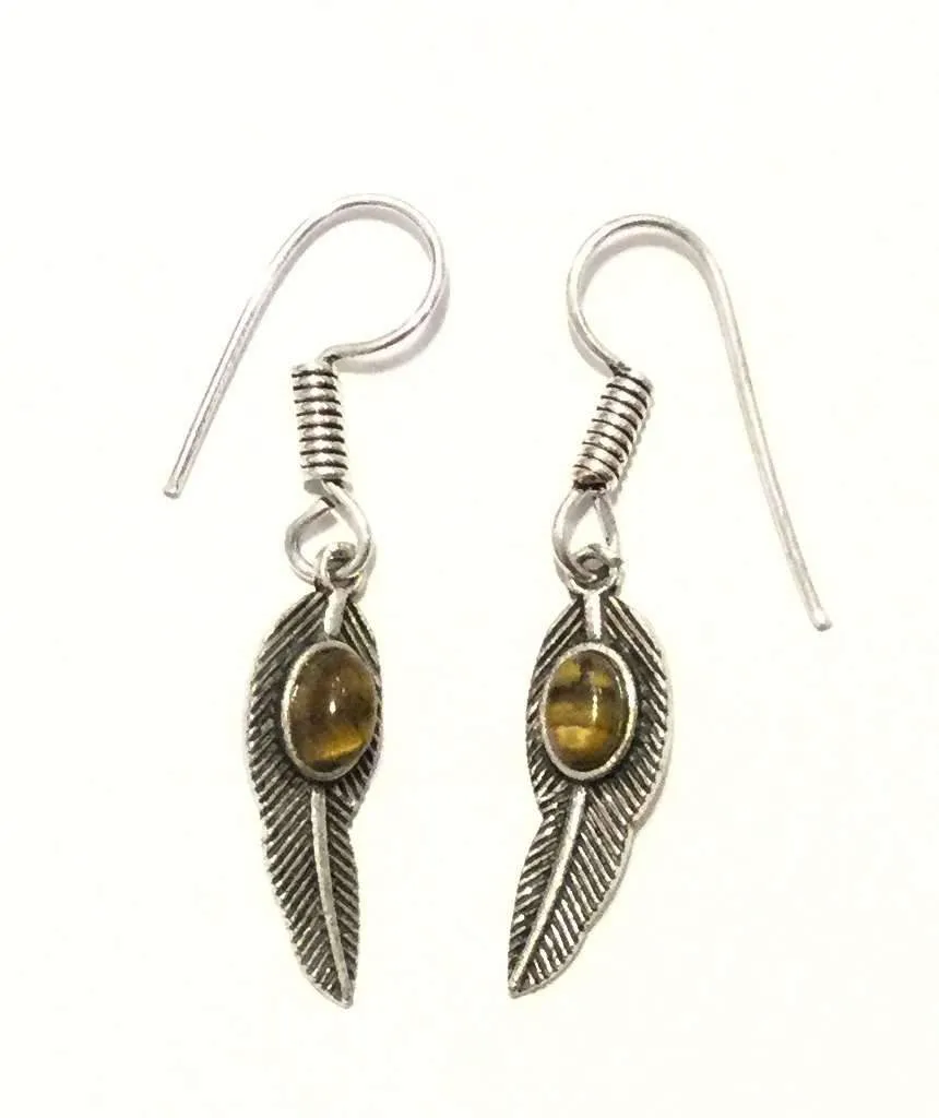 Handmade Feather Stone Leaf Dangling Earrings - Variety of Colors - Hypoallergenic & Adjustable