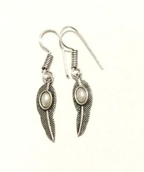 Handmade Feather Stone Leaf Dangling Earrings - Variety of Colors - Hypoallergenic & Adjustable