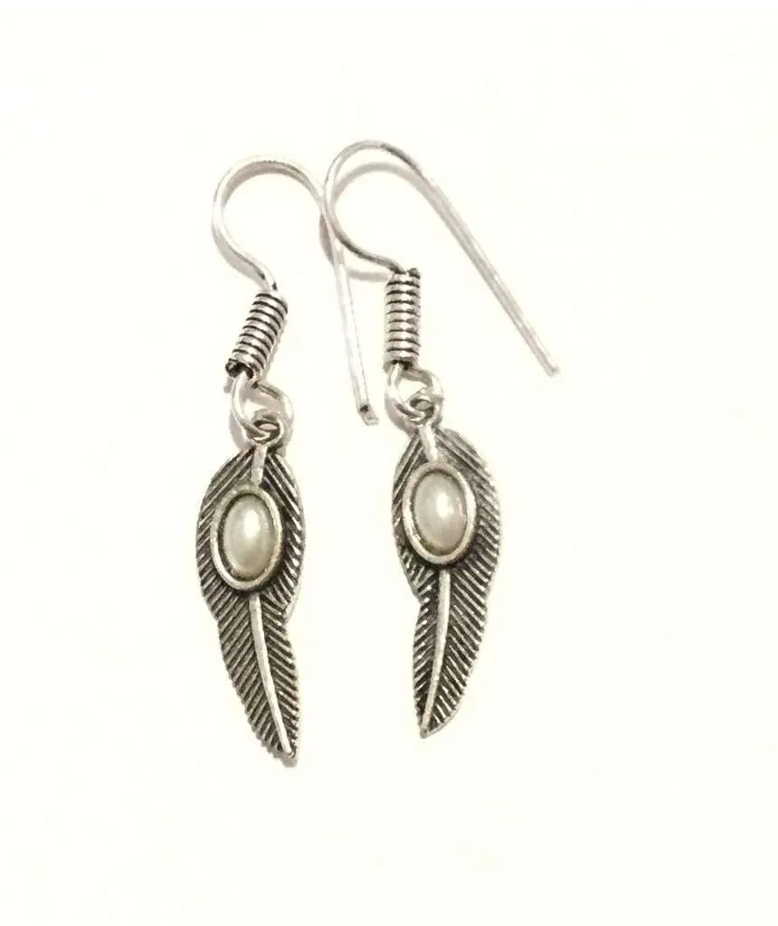 Handmade Feather Stone Leaf Dangling Earrings - Variety of Colors - Hypoallergenic & Adjustable