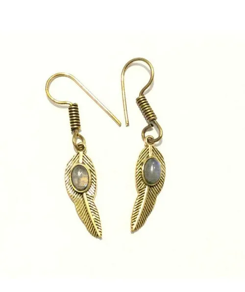 Handmade Feather Stone Leaf Dangling Earrings - Variety of Colors - Hypoallergenic & Adjustable