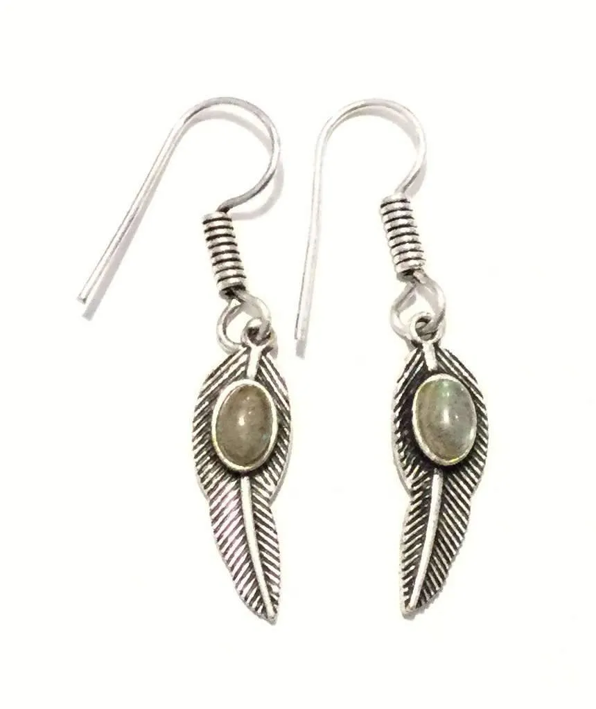 Handmade Feather Stone Leaf Dangling Earrings - Variety of Colors - Hypoallergenic & Adjustable