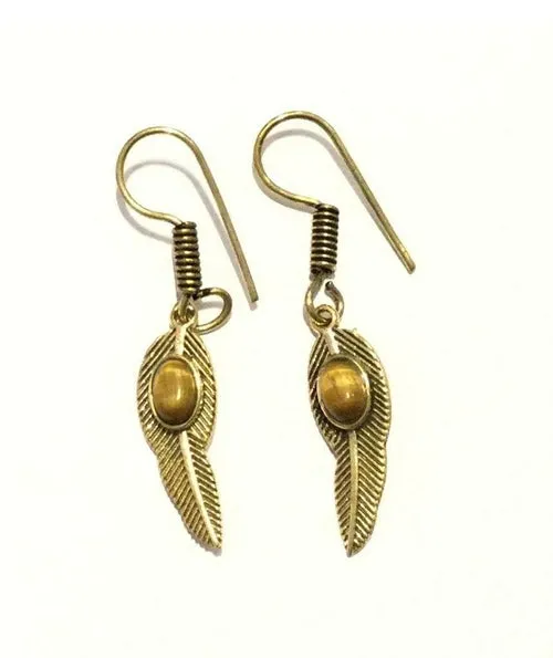 Handmade Feather Stone Leaf Dangling Earrings - Variety of Colors - Hypoallergenic & Adjustable