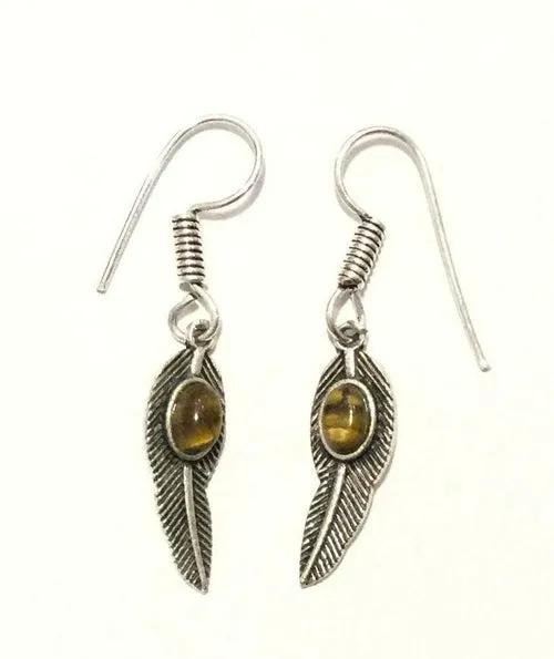 Handmade Feather Stone Leaf Dangling Earrings - Variety of Colors - Hypoallergenic & Adjustable