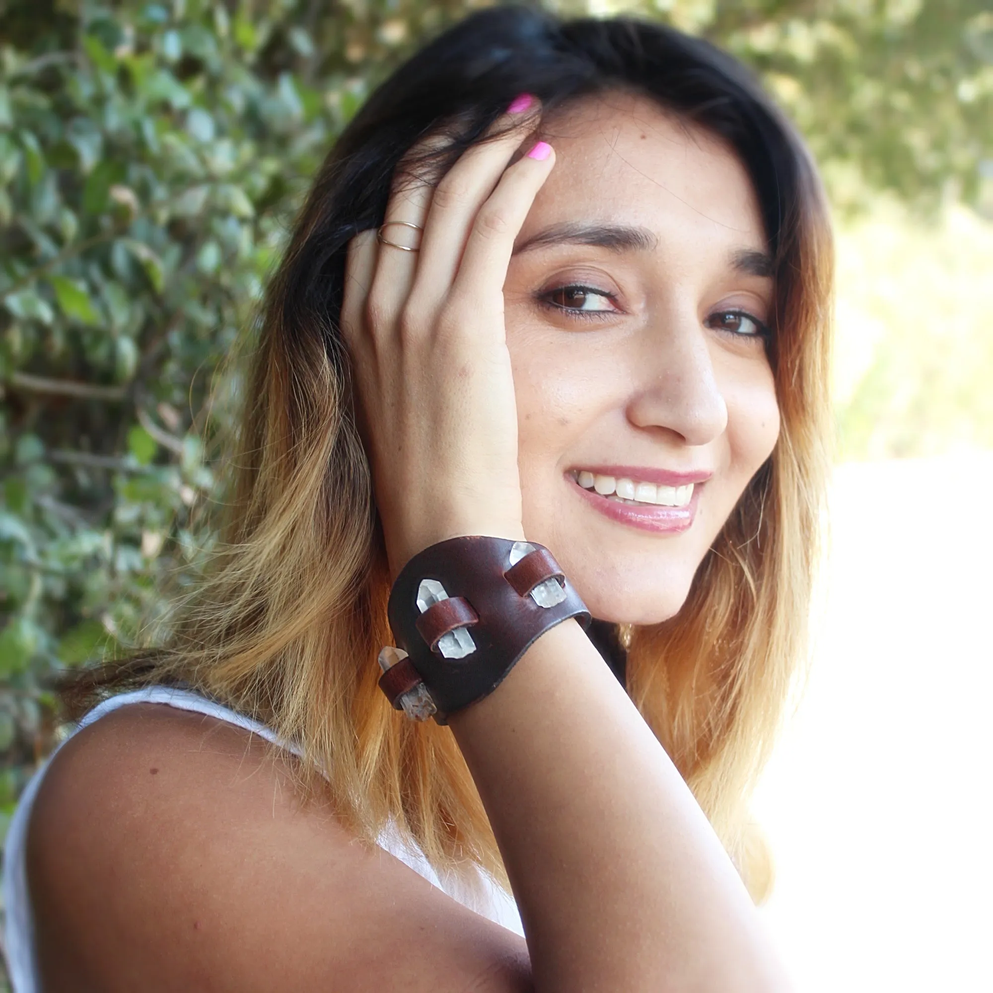 Handmade genuine  leather gem stone crystal holder bracelets/ cuffs single band(Without stones)(6 pack/$ 10 ea.)