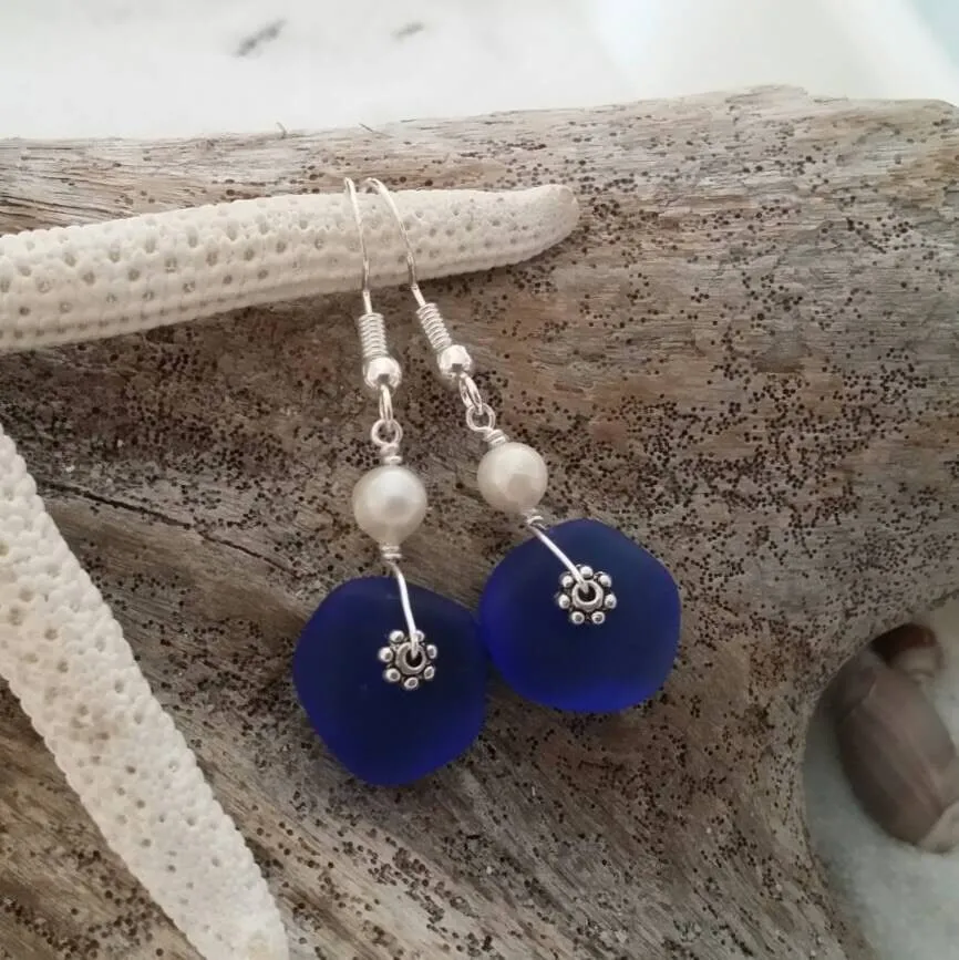 Handmade in Hawaii, Cobalt blue sea glass earrings, Natural pearl,  "September Birthstone",  gift for her. Sea glass  jewelry