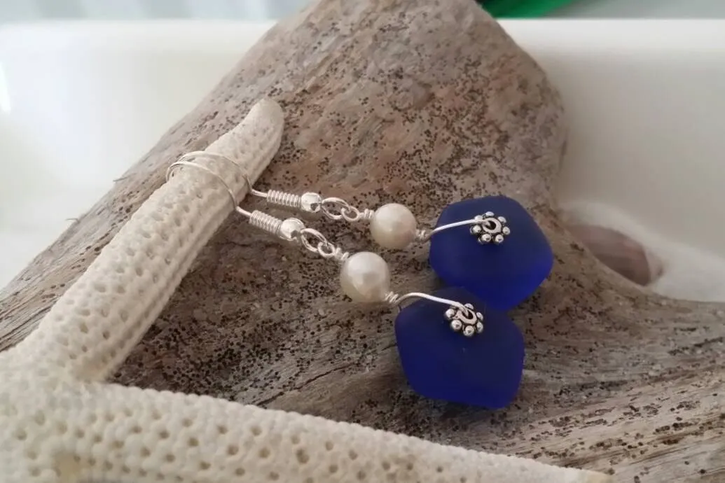 Handmade in Hawaii, Cobalt blue sea glass earrings, Natural pearl,  "September Birthstone",  gift for her. Sea glass  jewelry