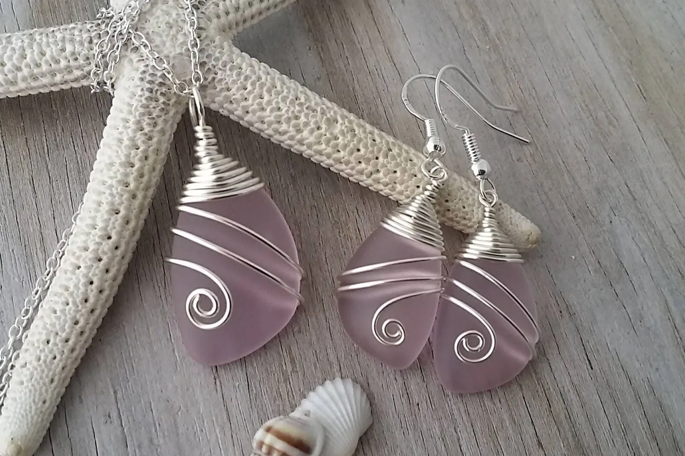 Handmade in Hawaii, Wire wrapped pink sea glass necklace   earrings jewelry set,  gift box.beach jewelry set