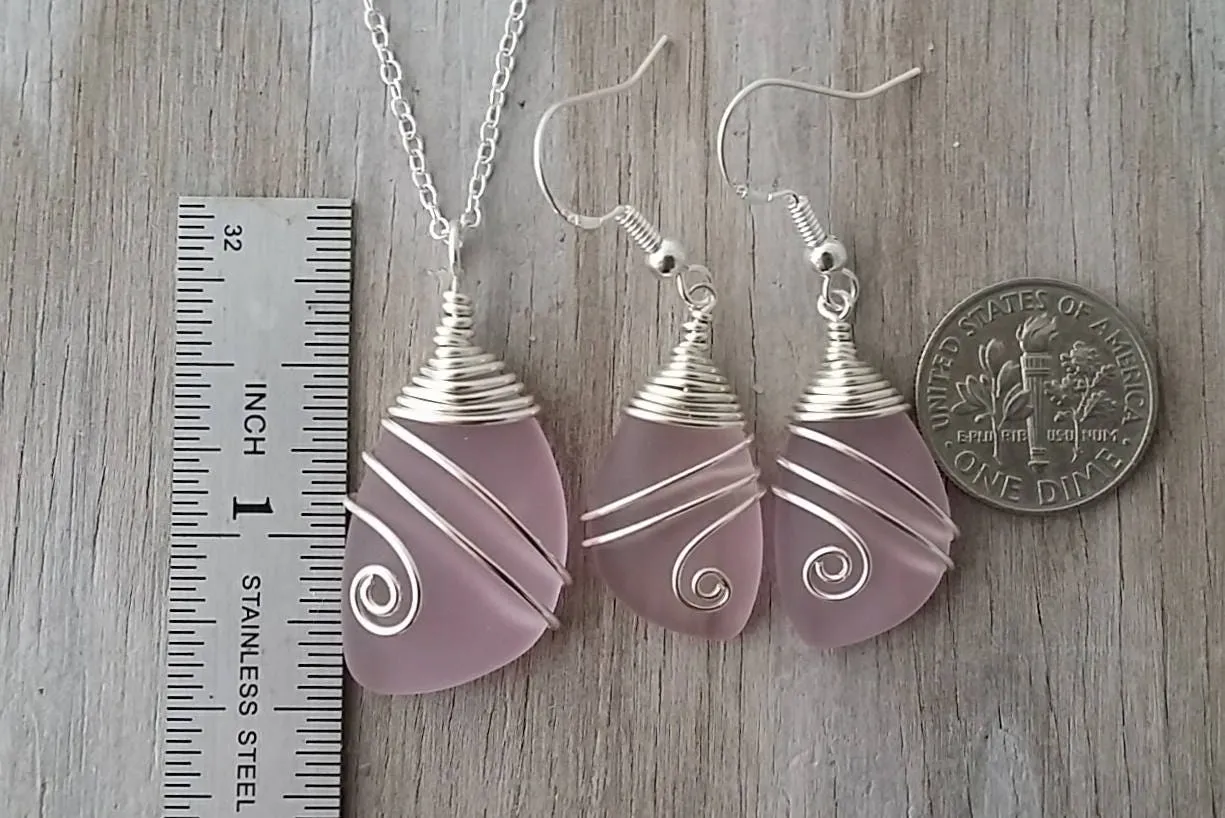 Handmade in Hawaii, Wire wrapped pink sea glass necklace   earrings jewelry set,  gift box.beach jewelry set