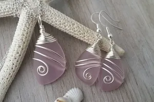 Handmade in Hawaii, Wire wrapped pink sea glass necklace   earrings jewelry set,  gift box.beach jewelry set