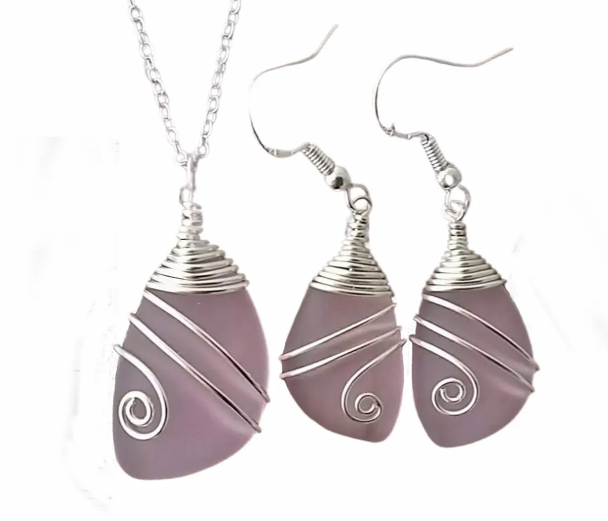 Handmade in Hawaii, Wire wrapped pink sea glass necklace   earrings jewelry set,  gift box.beach jewelry set