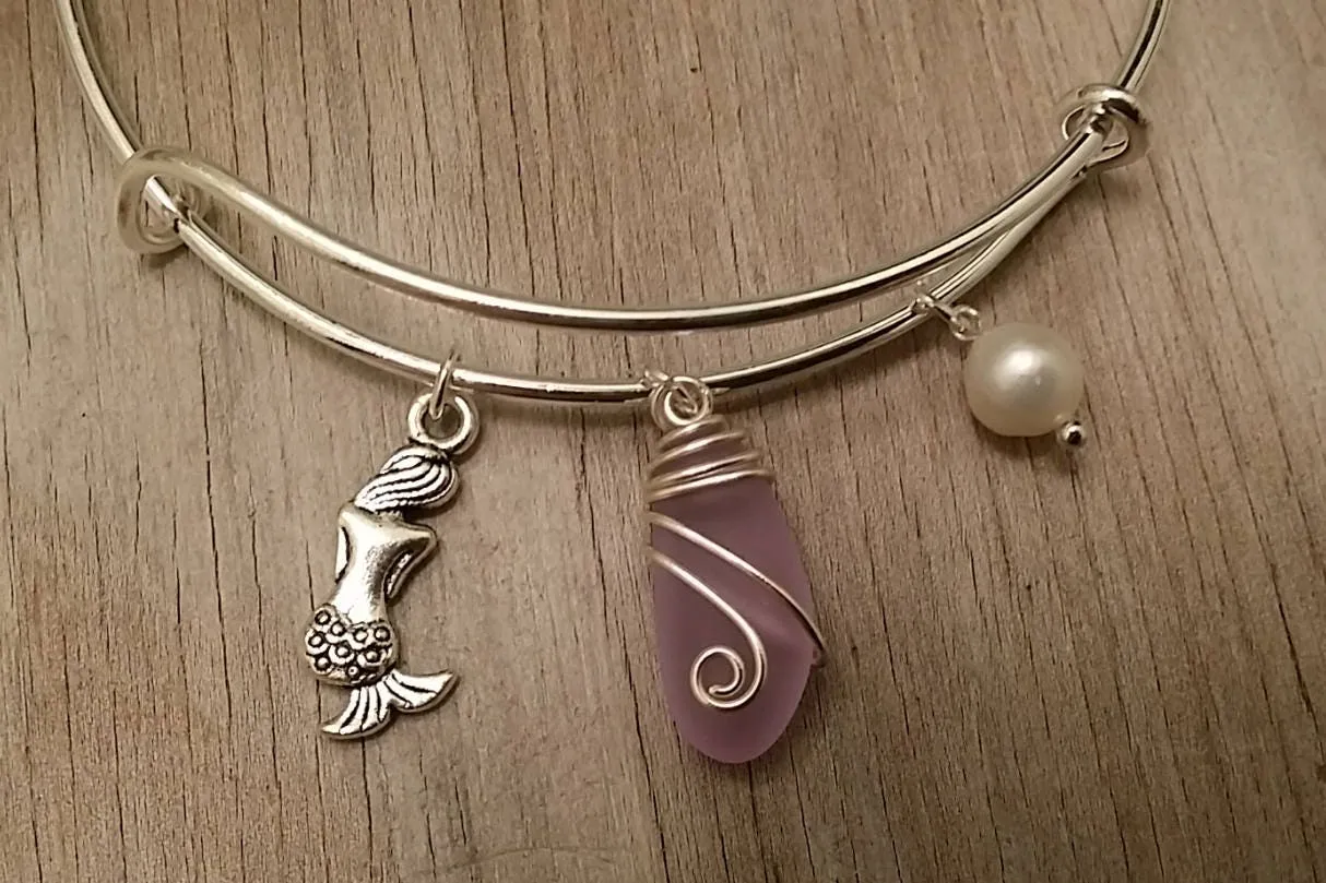 Handmade in Hawaii, wire wrapped "Magical Color Changing" Purple sea glass bracelet, Sea glass jewelry, Mermaid