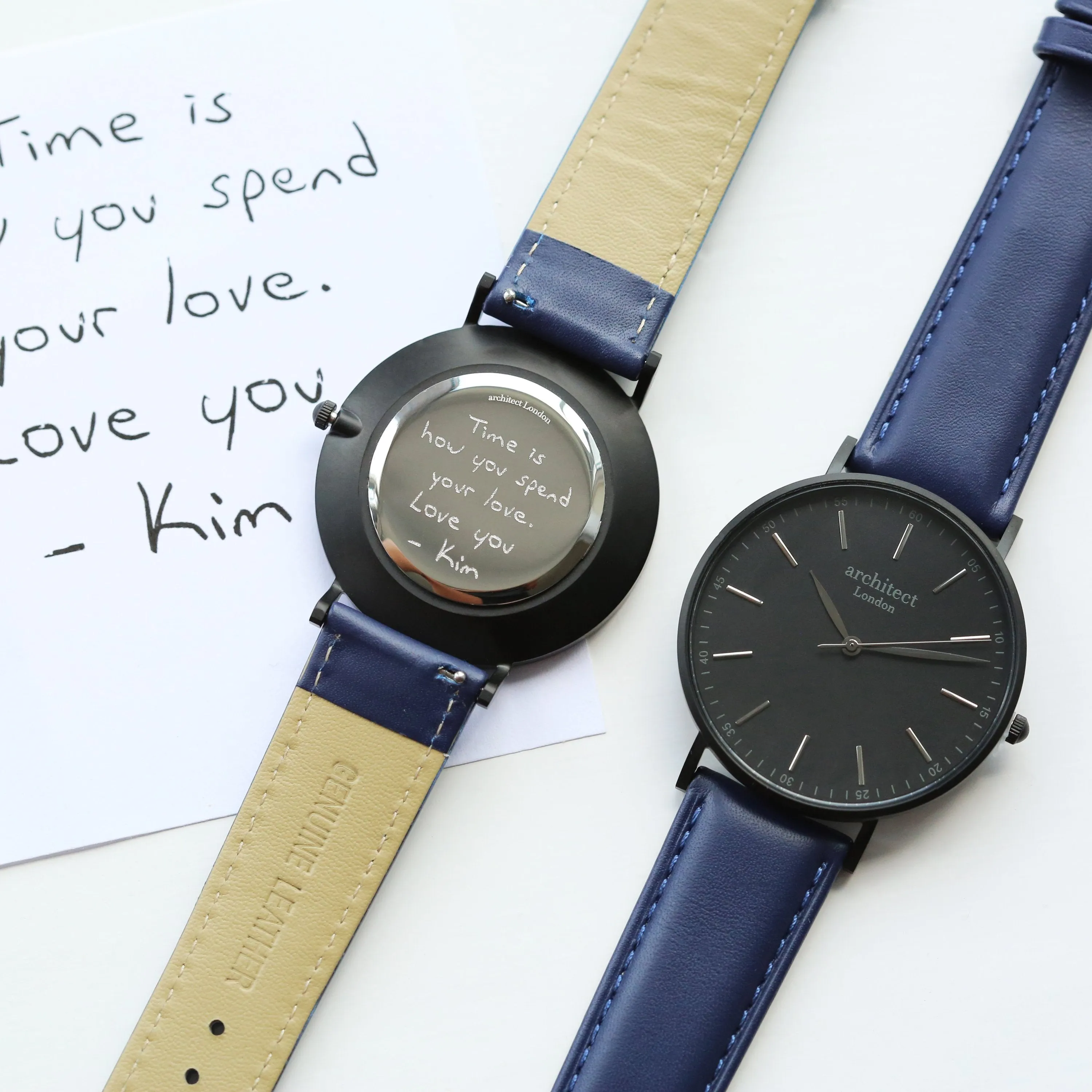 Handwriting Engraving - Men's Minimalist Watch   Admiral Blue Strap