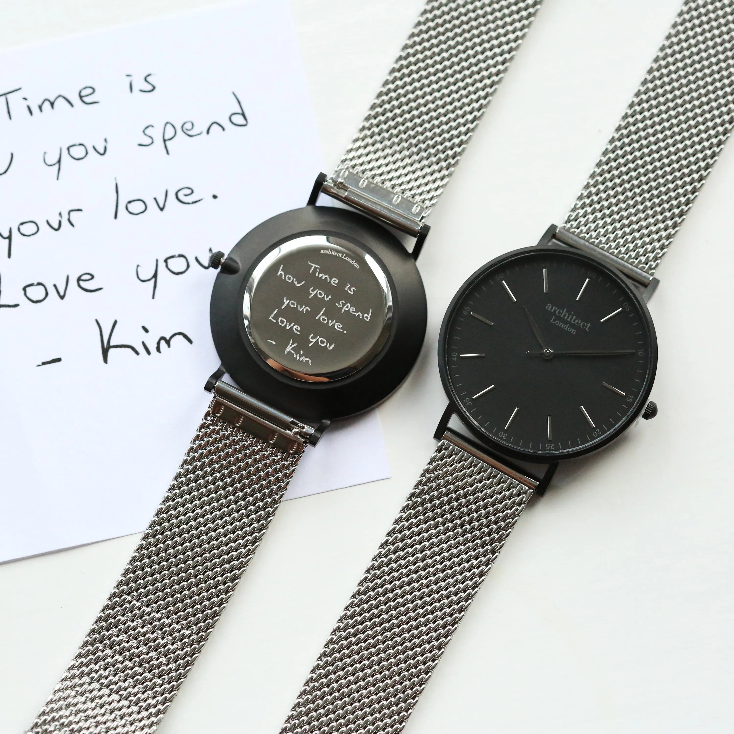 Handwriting Engraving - Men's Minimalist Watch   Steel Silver Mesh