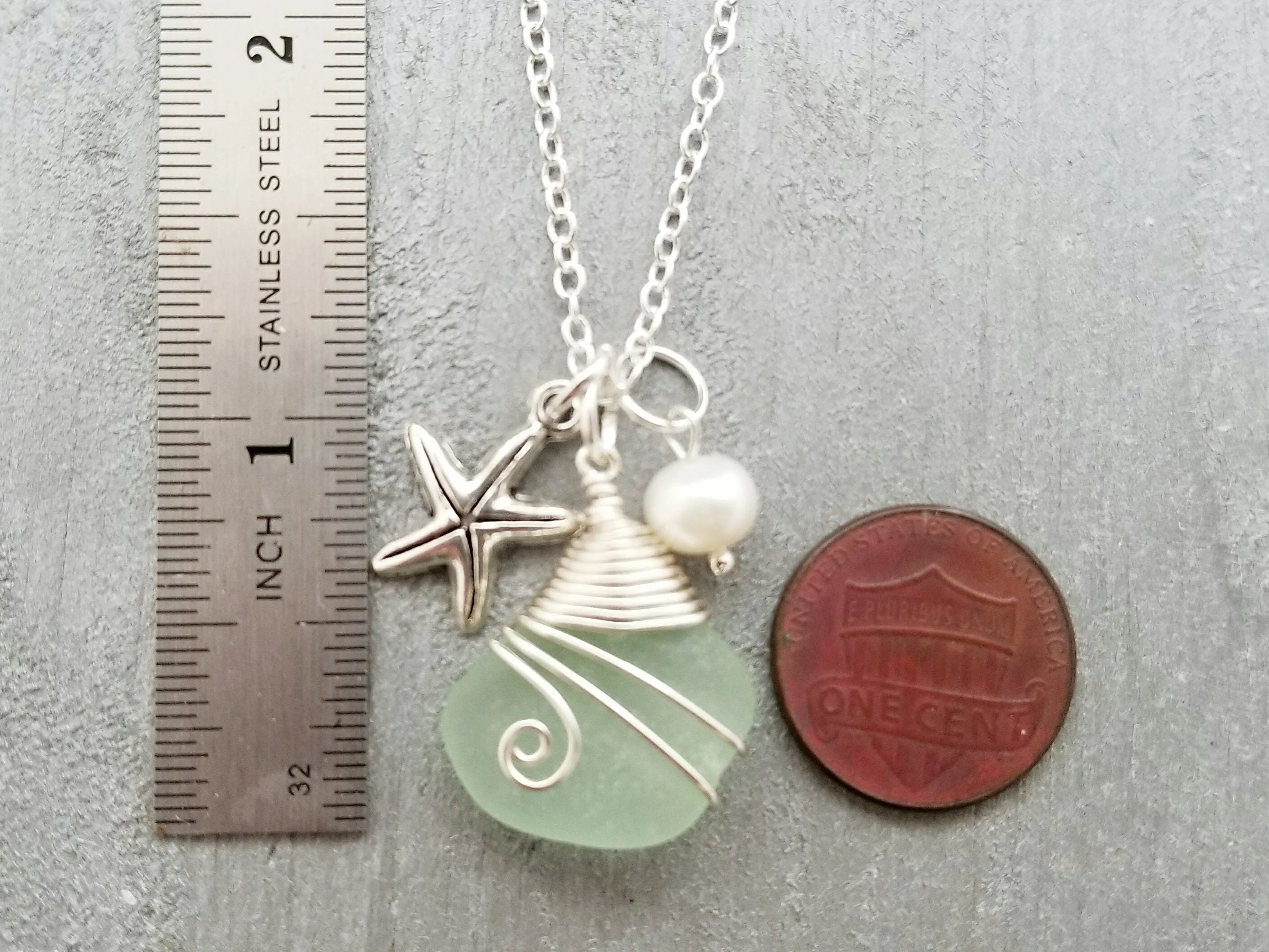Hawaiian Jewelry Natural Sea Glass Necklace, Wire Wrapped Necklace, Pearl Starfish Necklace, Genuine Surf Tumbled Beach Sea Glass Jewelry