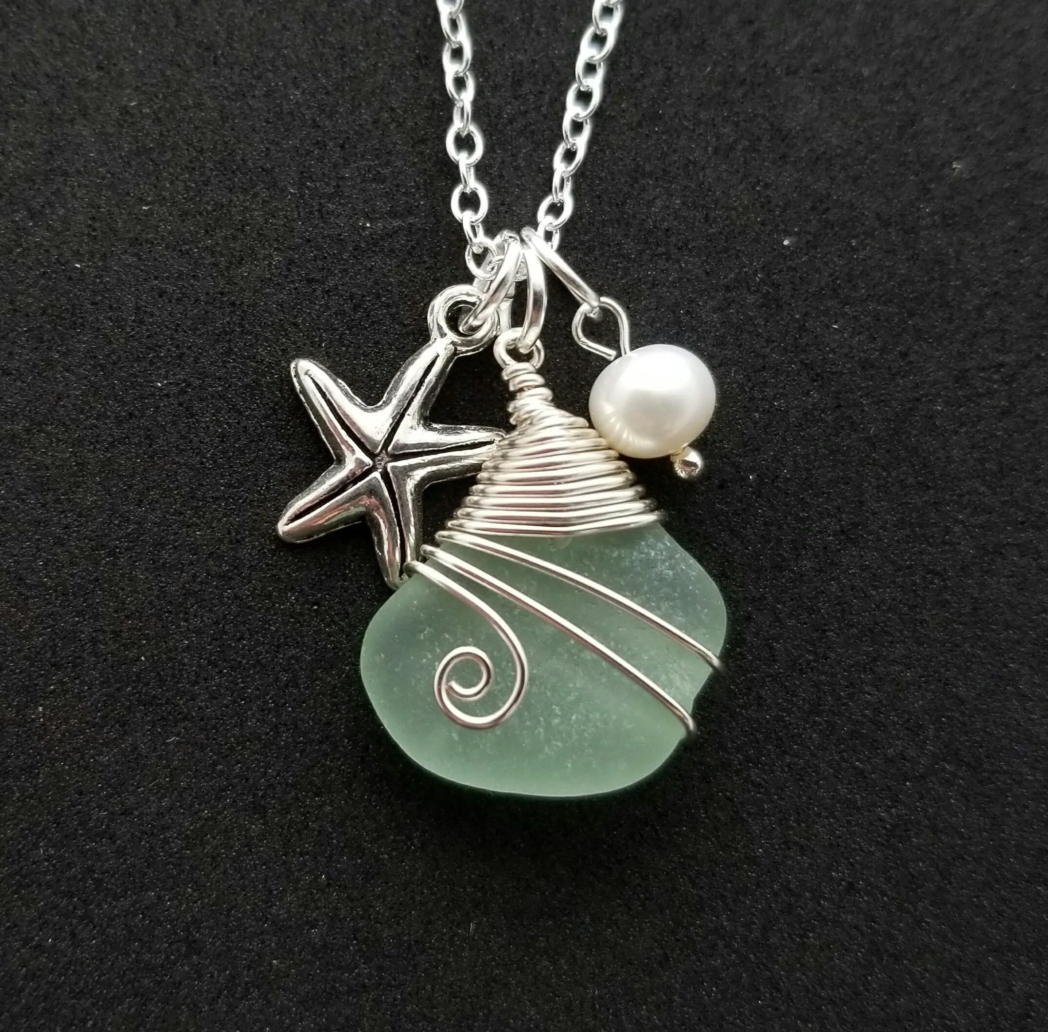 Hawaiian Jewelry Natural Sea Glass Necklace, Wire Wrapped Necklace, Pearl Starfish Necklace, Genuine Surf Tumbled Beach Sea Glass Jewelry
