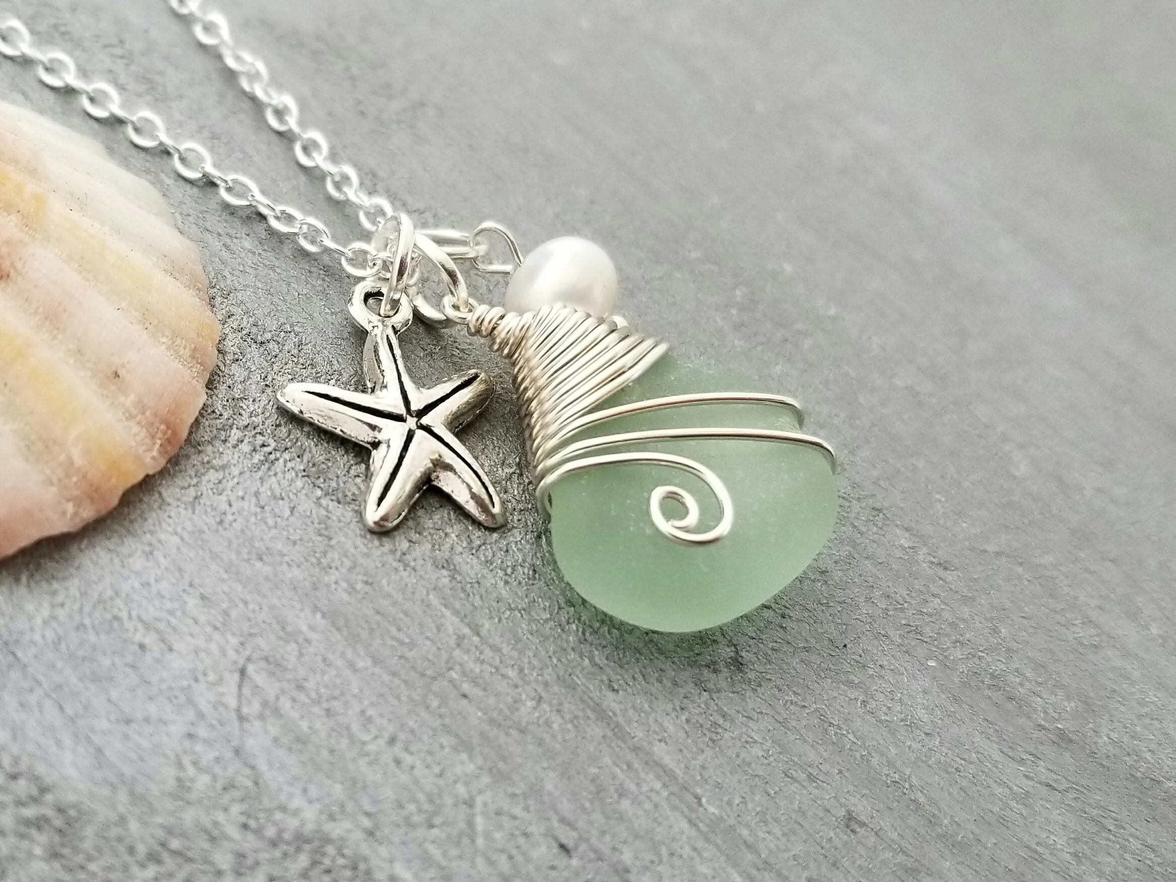 Hawaiian Jewelry Natural Sea Glass Necklace, Wire Wrapped Necklace, Pearl Starfish Necklace, Genuine Surf Tumbled Beach Sea Glass Jewelry