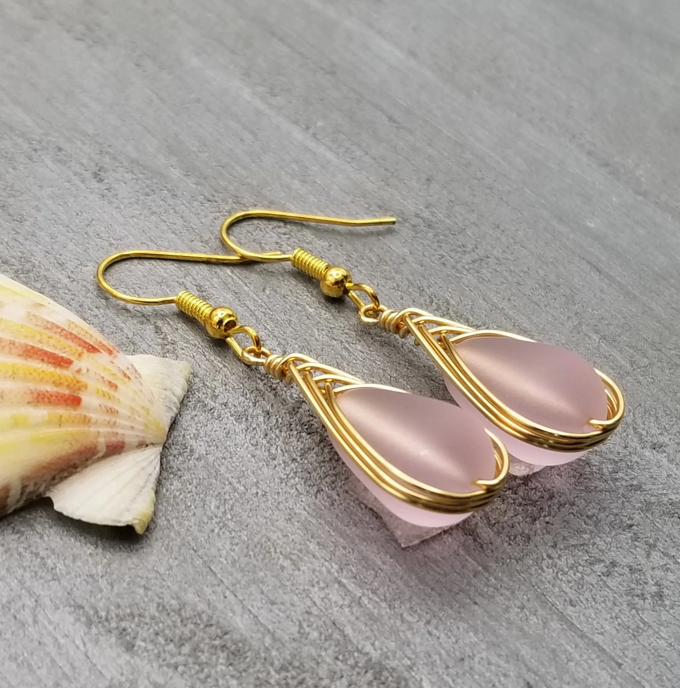 Hawaiian Jewelry Sea Glass Earrings, Gold Braided Pink Earrings, Beach Jewelry For Women (October Birthstone Jewelry)