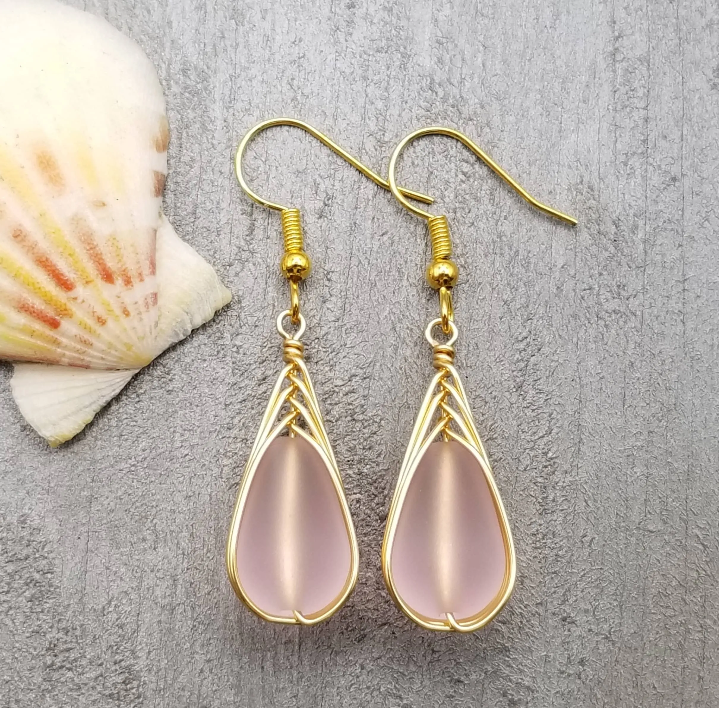 Hawaiian Jewelry Sea Glass Earrings, Gold Braided Pink Earrings, Beach Jewelry For Women (October Birthstone Jewelry)