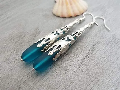 Hawaiian Jewelry Sea Glass Earrings, Teal Earrings Blue Earrings Long Teardrop Earrings, Sea Glass Jewelry For Women, Unique Earrings
