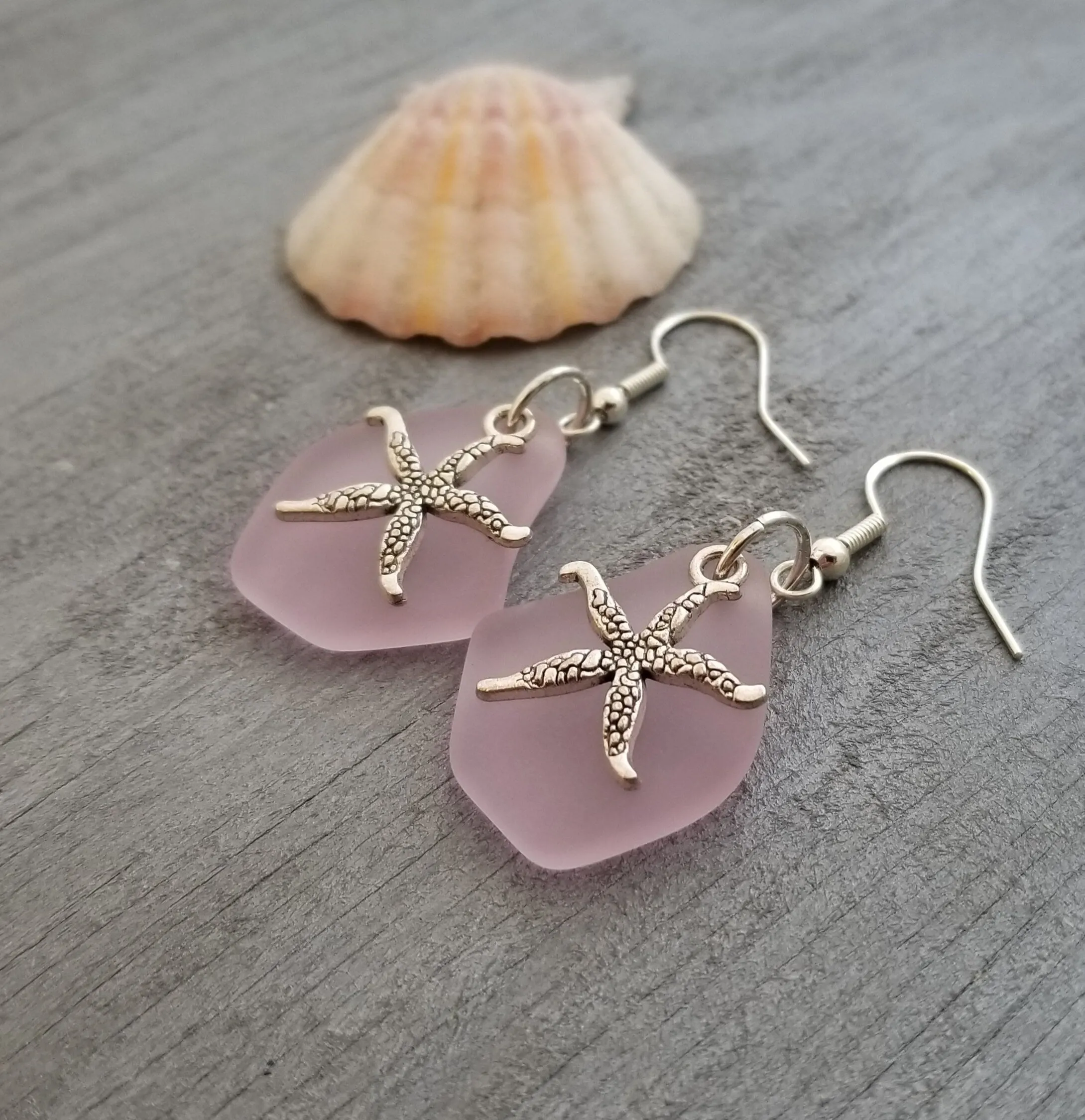 Hawaiian Jewelry Sea Glass Earrings, Twin Starfish Earrings Pink Earrings, Pearl Beach Sea Glass Jewelry Birthday Gift (October Birthstone)