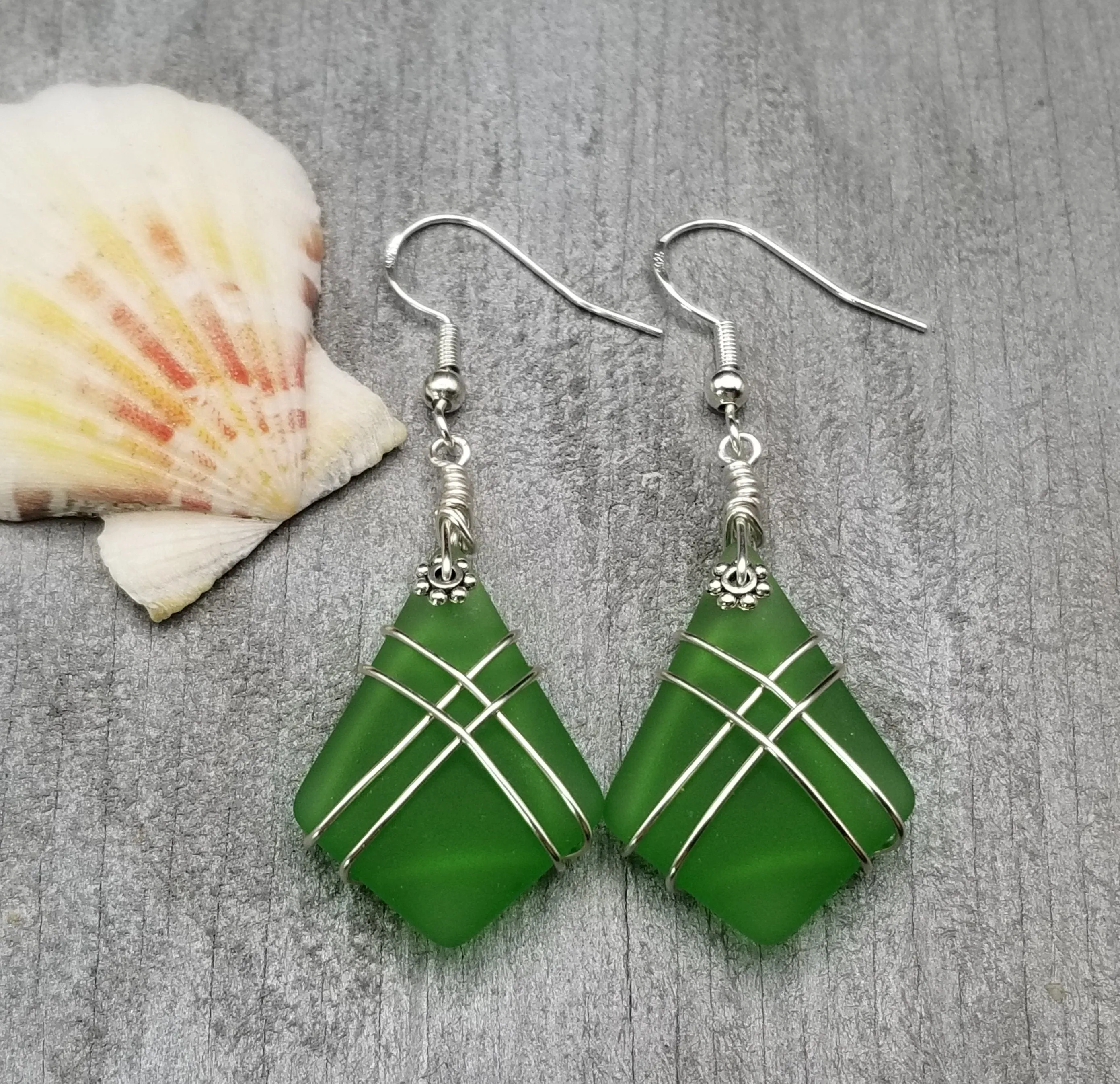 Hawaiian Jewelry Sea Glass Earrings, Wire Cross Emerald Green Earrings, Beach Sea Glass Jewelry Unique Earrings(May Birthstone Jewelry Gift)