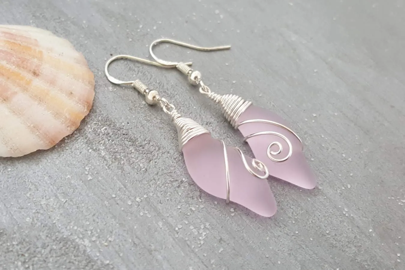 Hawaiian Jewelry Sea Glass Earrings, Wire Wave Earrigns Pink Earrings, Sea Glass Jewelry Beach Jewelry Birthday Gift (October Birthstone)