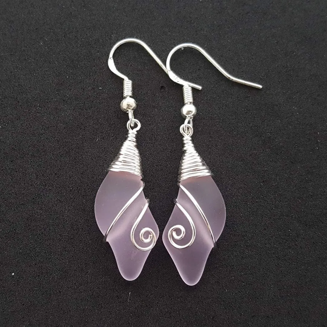 Hawaiian Jewelry Sea Glass Earrings, Wire Wave Earrigns Pink Earrings, Sea Glass Jewelry Beach Jewelry Birthday Gift (October Birthstone)